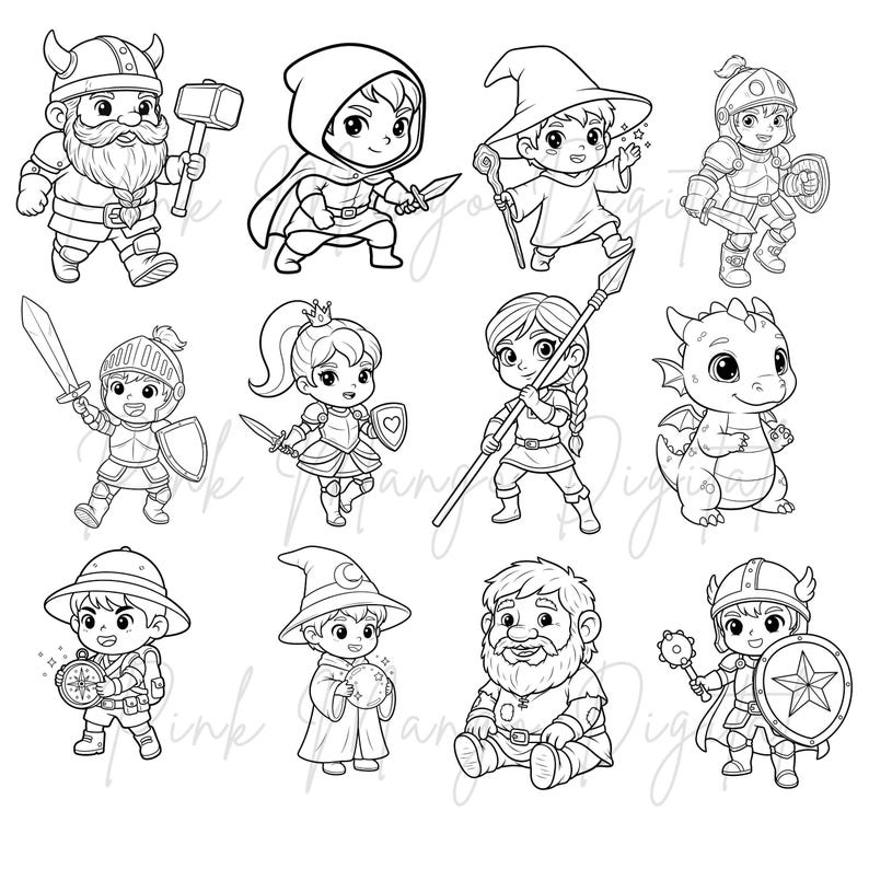 Puede incluir: Ilustraciones en blanco y negro de varios personajes de fantas&iacute;a, incluyendo un vikingo, un caballero, un mago y un drag&oacute;n. Cada personaje est&aacute; representado en un estilo lindo y de dibujos animados, sosteniendo armas u objetos m&aacute;gicos.