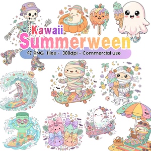 May include: A collection of colorful Kawaii Summerween themed digital illustrations. The images include a skeleton in a Hawaiian shirt, a ghost with an ice cream cone, and a mummy on a skateboard. Text includes "Kawaii Summerween".