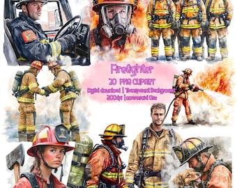 Watercolor Firefighter Clipart: Fireman PNG Graphics (Digital Download)