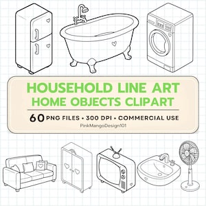 Household Line Art Clipart, Home Appliances Outline Icons, Daily Home Objects PNG, Minimal Line Drawing, Commercial Use