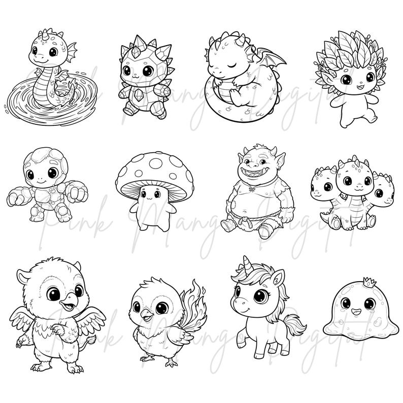 Puede incluir: Una colecci&oacute;n de ilustraciones de dibujos animados en blanco y negro de varias criaturas fant&aacute;sticas. Las criaturas incluyen una serpiente marina, un personaje parecido a una tortuga, un drag&oacute;n durmiente, un humanoide con hojas, un hongo, un trol, un drag&oacute;n de tres cabezas, un b&uacute;ho, un f&eacute;nix, un unicornio y una mancha.