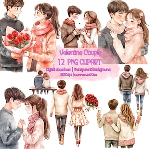 12 Cute Valentine Couple Clipart Bundle, Romantic PNG Images, Boyfriend Girlfriend PNG, wedding invitations Valentine’s Day cards