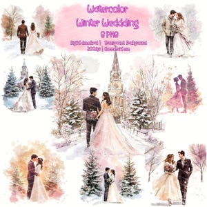 Pacote de clipart de casamento de inverno em aquarela | 8 arquivos PNG | Noivos em cenário de inverno | Ilustrações de casamento com neve | Uso comercial