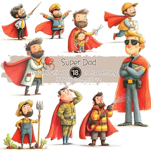 Clipart de pais super-heróis, Pacote de profissões para o Dia dos Pais, Pai herói do dia a dia, Profissões com capas, Carreira masculina fofa com capas de super-heróis