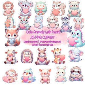 Animaux mignons avec coeur PNG Clipart Bundle, chambre d'enfant art baby shower anniversaire, animaux kawaii étreignant des coeurs, animaux tenant un coeur