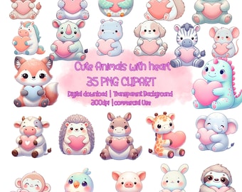 Kawaii Animals Holding Hearts: PNG Clipart Bundle (Digital Download)