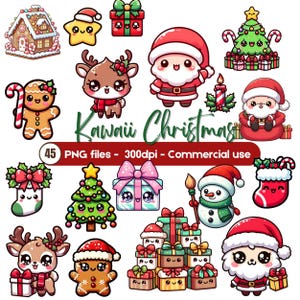 Kawaii Christmas Clipart Bundle | Cute Santa Reindeer Gingerbread PNG | Holiday Stickers Digital Download