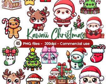 May include: A collection of Kawaii Christmas-themed digital graphics. The image features various festive characters and objects, including Santa Claus, reindeer, gingerbread men, Christmas trees, and gift boxes. The color palette is dominated by red, green, and pink.
