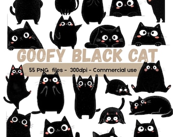 Funny Black Cat Clipart Bundle, Cute Silly Cat PNG, Cartoon Kitty Poses, Kawaii Cat Graphics, Commercial Use