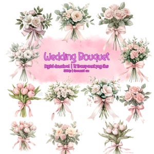 Pacote de clipart de buquê de casamento em aquarela, clipart de buquê, clipart de buquê de casamento, buquê de flores, buquê de rosas, buquê de tulipas, pacote PNG
