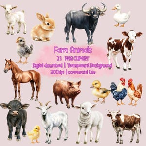 Farm Watercolor Clipart, Cute Farm Animals Clipart, Pig duck Cow rabbit Goat Chicken baby chicken donkey horse Water buffalo Clipart