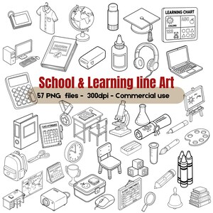 May include: Black and white line art illustration of school and learning-related objects. Includes a globe, calculator, laptop, microscope, diploma, crayons, and more. Text reads "School & Learning line Art".