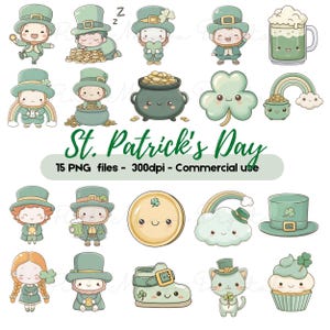 May include: A collection of St. Patrick's Day themed digital graphics. The images include leprechauns, pots of gold, shamrocks, rainbows, and a mug of green beer. The text "St. Patrick's Day" is displayed in green script. The images are in PNG format.