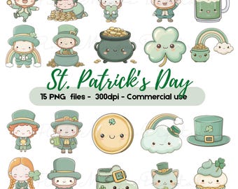 St. Patrick’s Day Clipart Bundle | Kawaii Leprechaun PNG, Clover, Rainbow, Pot of Gold, Lucky Charm, Irish Green Clipart, Commercial Use