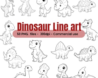 Paquete de imágenes prediseñadas de dinosaurios, 50 dibujos lineales de dinosaurios en formato PNG, páginas para colorear de dinosaurios, animales prehistóricos con contorno, imprimibles para niños