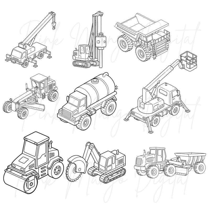 May include: Line art illustration of various construction vehicles, including a crane truck, a drilling machine, a dump truck, a grader, a water tanker truck, a boom lift truck, a road roller, an excavator with a circular saw, and a tractor with a dump trailer.