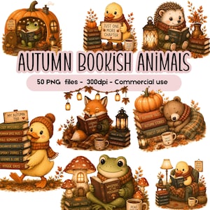 Pode incluir: Ilustração digital de animais outonais lendo livros. Um sapo em uma abóbora, um pato com um letreiro, um ouriço com uma lanterna, uma raposa, um urso e um pato lendo. O texto "Autumn Bookish Animals" é exibido.