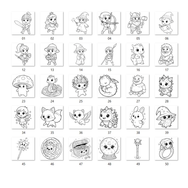 Puede incluir: Una colecci&oacute;n de 30 ilustraciones en blanco y negro de personajes y objetos de fantas&iacute;a. Las im&aacute;genes incluyen un caballero, una princesa, un mago, un arquero, un enano, un hada, un drag&oacute;n, un zorro, un b&uacute;ho y m&aacute;s. Cada imagen est&aacute; numerada.