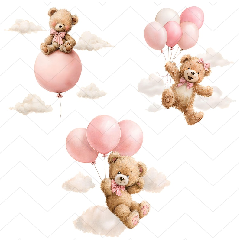Cute Teddy Bear With Pink Balloons PNG Clipart Bundle, Baby Shower ...