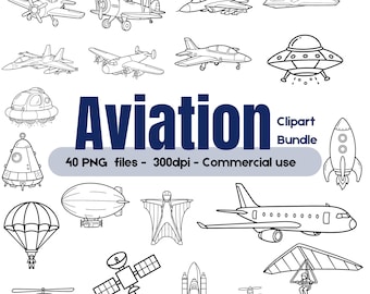 Aviation Clipart Bundle, Aircraft Line Art, Airplane Helicopter Rocket Outline, Space & Flight Coloring Pages