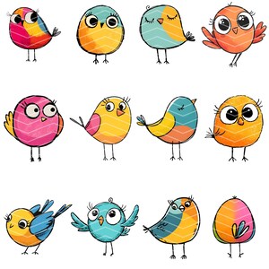 May include: A collection of twelve illustrated birds in various round shapes and vibrant colors including pink, yellow, orange, and blue. Each bird features large eyes, thin black legs, and simple line details, arranged in a grid of three rows.