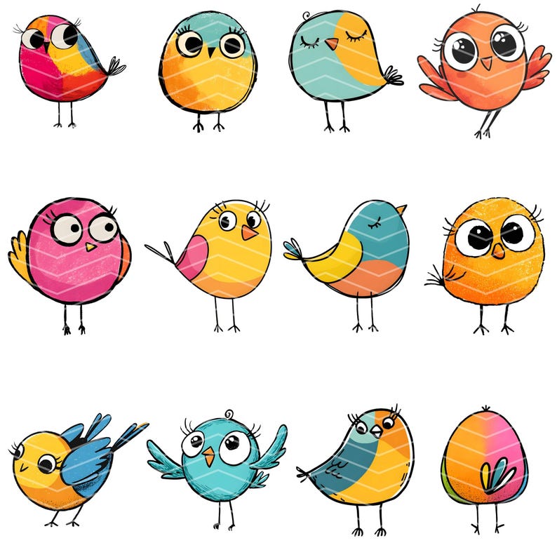 May include: A collection of twelve illustrated birds in various round shapes and vibrant colors including pink, yellow, orange, and blue. Each bird features large eyes, thin black legs, and simple line details, arranged in a grid of three rows.