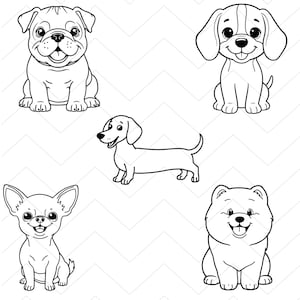 Pu&ograve; includere: Illustrazioni in bianco e nero di cinque razze di cani: un carlino, un beagle, un bassotto, un chihuahua e un cane soffice. I cani in stile cartone animato sono su uno sfondo bianco a motivi a zig-zag.