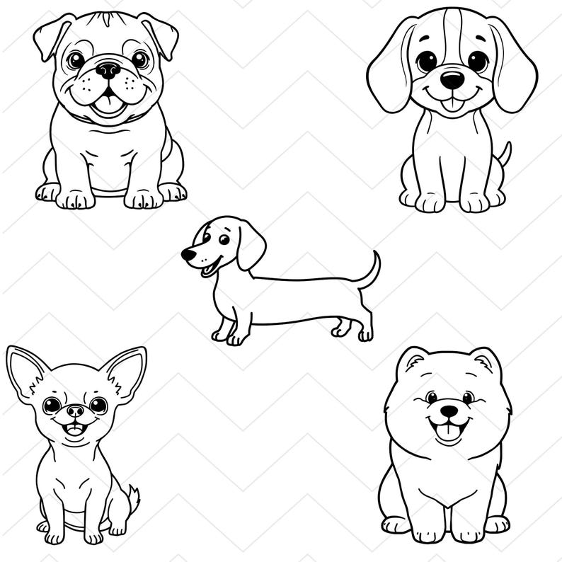 Pu&ograve; includere: Illustrazioni in bianco e nero di cinque razze di cani: un carlino, un beagle, un bassotto, un chihuahua e un cane soffice. I cani in stile cartone animato sono su uno sfondo bianco a motivi a zig-zag.