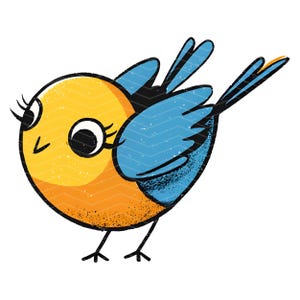 May include: A stylized illustration of a small, round bird with a bright yellow head and chest, blue wings, and a blue tail. The bird features large black eyes with prominent eyelashes, a small black beak, and thin black legs on a white background.