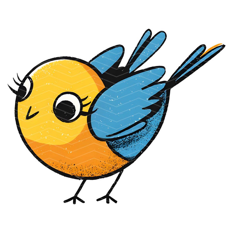 May include: A stylized illustration of a small, round bird with a bright yellow head and chest, blue wings, and a blue tail. The bird features large black eyes with prominent eyelashes, a small black beak, and thin black legs on a white background.