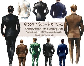 Watercolor Groom in Suit – Back View, Wedding illustration, Wedding Clipart Invitation, Groom Clipart, Man in suit, Stylish Groom PNG