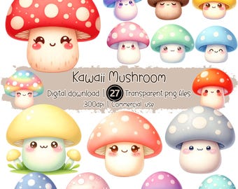 Kawaii Mushroom Clipart Bundle: 27 Pastel PNG Stickers (Digital Download 300 DPI)