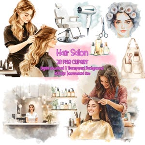 Aquarell Friseur PNG Clipart Bundle | 28 Bilder | Transparenter Hintergrund | 300 DPI | Friseur-Werkzeuge & Salon-Elemente