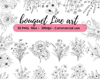 Bouquet Line Art PNG Bundle | Floral Line Drawing Clipart | Hand Drawn Flower Illustrations | Botanical Bouquet PNG 300dpi