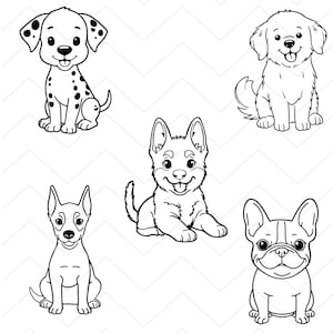 Pu&ograve; includere: Illustrazioni in bianco e nero di cinque diverse razze di cani. I cani sono in varie pose, tra cui seduti e sdraiati. Le razze includono un dalmata, un golden retriever e un bulldog francese.