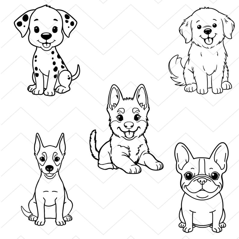 Pu&ograve; includere: Illustrazioni in bianco e nero di cinque diverse razze di cani. I cani sono in varie pose, tra cui seduti e sdraiati. Le razze includono un dalmata, un golden retriever e un bulldog francese.