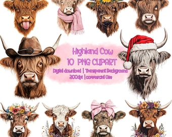Floral Highland Cow PNG Clipart Bundle (300 DPI)