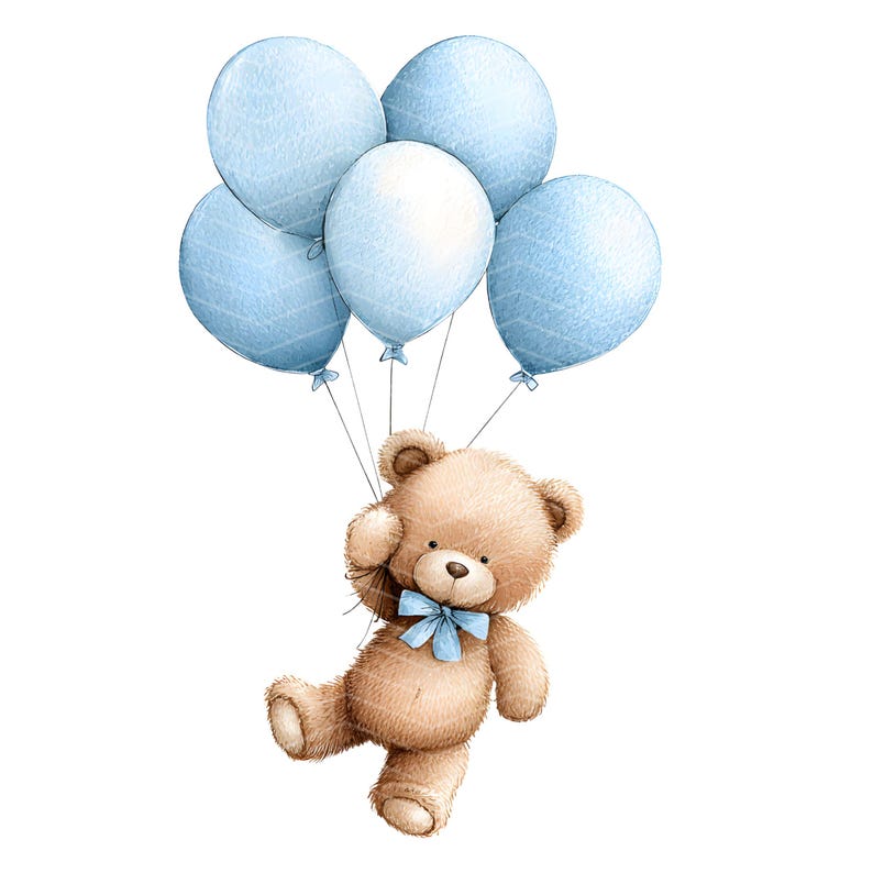 Watercolor Teddy Bear PNG: Blue Balloons Clipart, Baby Shower Decor ...