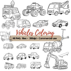 Può includere: Illustrazioni in bianco e nero di vari veicoli, tra cui un camioncino dei gelati, un monster truck, un carro attrezzi, una jeep, un furgone, un'auto sportiva, una cabriolet, uno scooter, un camion della spazzatura, un'auto della polizia, un'ambulanza, una betoniera, un taxi, un pick-up, un'autopompa, uno scuolabus e un camper.