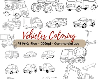 Paquete de imágenes prediseñadas para colorear de vehículos, ilustraciones de transporte, dibujos lineales de coches, camiones y construcción, páginas para colorear para niños