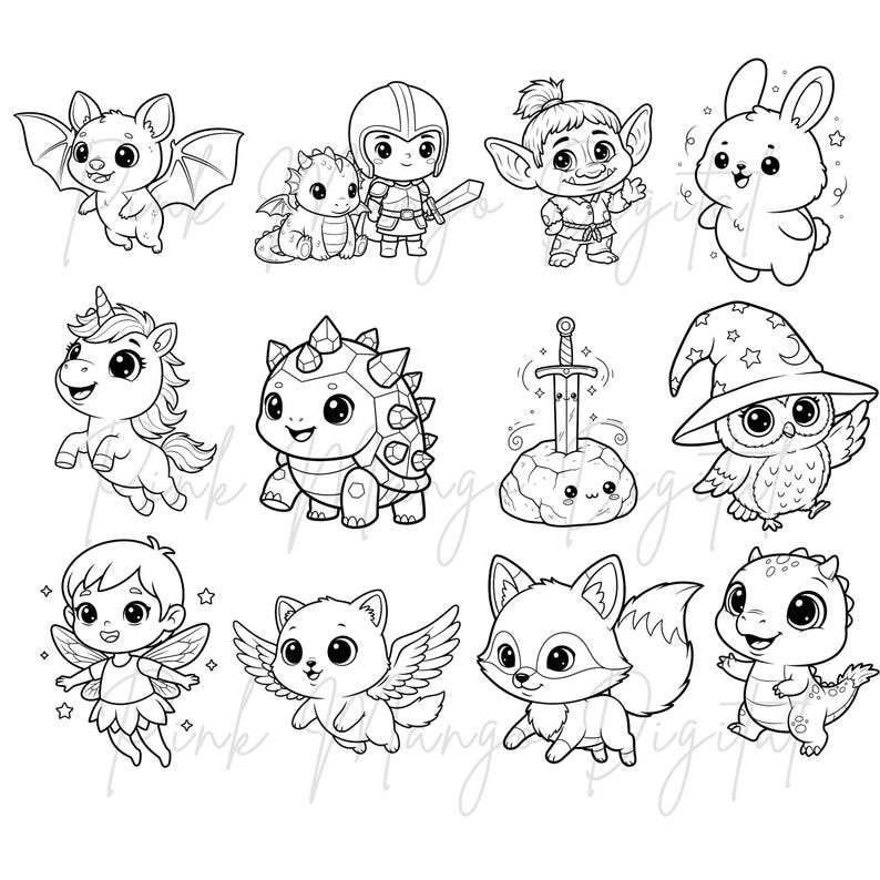 Puede incluir: Una colecci&oacute;n de ilustraciones de dibujos animados en blanco y negro de criaturas fant&aacute;sticas. Incluye un murci&eacute;lago, un drag&oacute;n, un caballero, un trol, un conejo, un unicornio, una tortuga, una espada en una piedra, un b&uacute;ho, un hada, un gato alado, un zorro y un dinosaurio.