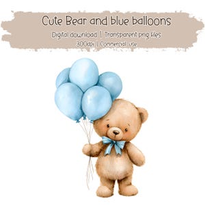 Ours en peluche aquarelle avec des ballons bleus PNG, Clipart baby shower | Art mural pour chambre d'enfant | Sublimation d'ours mignon