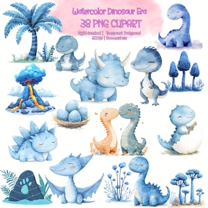 Era de los dinosaurios de acuarela, linda imagen prediseñada de dinosaurio azul, dinosaurio PNG, imagen prediseñada de dinosaurio, decoración para fiesta de baby shower de huevo de dinosaurio / mundo de los dinosaurios