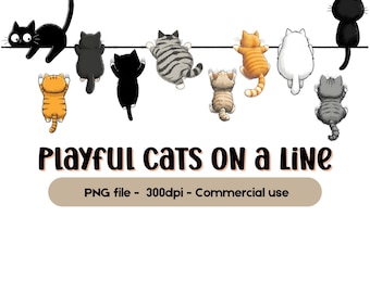 Clipart di gatti appesi PNG, download digitale di gatti divertenti, grafica di gatti carini, idea regalo per gli amanti dei gatti, clipart con download istantaneo