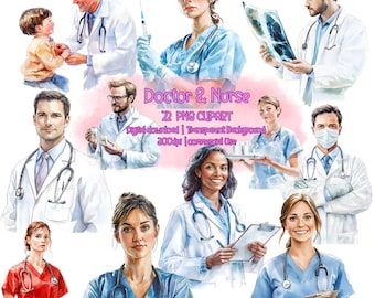 Clipart acquerello di dottore e infermiere: pacchetto PNG medico (22 file)