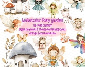 Aquarell Feengarten Clipart: 36 PNG Grafiken (Digitaler Download)