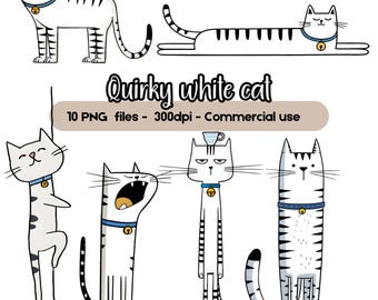 Quirky White Cat Clipart Bundle, Funny Cat PNG, Cute Black Cat Illustrations, Digital Download, Cat Lover Sublimation, Commercial Use