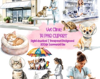 May include: A watercolor illustration set of 14 PNG clipart images featuring a veterinary clinic, a veterinarian, a cat, a dog, a turtle, and a variety of medical supplies. The images are perfect for creating digital designs, scrapbooking, and other creative projects.