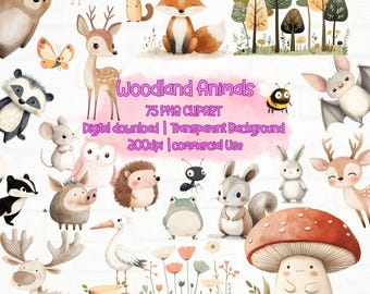 Woodland Animals Clipart Bundle: 75 Watercolor Forest PNGs (Digital Download)