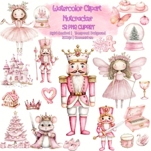 Pacote de clipart de quebra-nozes em aquarela | 52 cliparts de balé rosa de Natal PNG | Conjunto de clipart de conto de fadas de quebra-nozes Artesanato de Natal e inverno